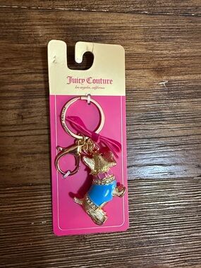 Juicy Couture Gold-tone Scottie Dog Keyring with Blue Enamel Sweater & Pink Bow